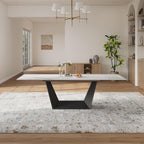 Modern Expandable Dining Table - 63" to 95" Extendable Dining Room Table for 6-12, Glossy White Sintered Stone Top with Black Carbon Steel Base, Easy Assembly Kitchen Table Only