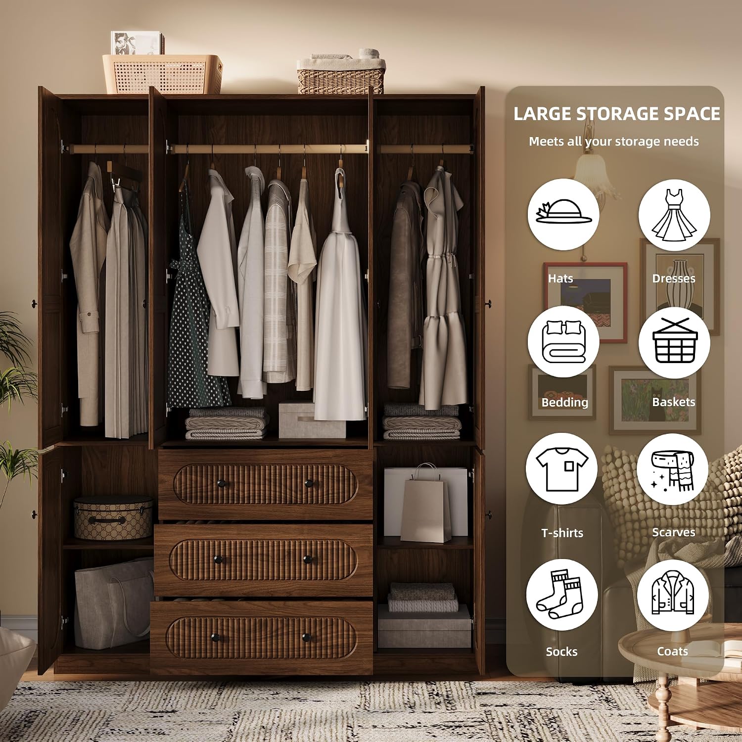 TOKSOM 4 Doors Freestanding Armoire Wardrobe Closet, 72" Walnut Wardrobe Armoire Wooden Closet Large Capacity Storage with 3 Drawers & 3 Hanging Rod Shelves Clothes Organizer