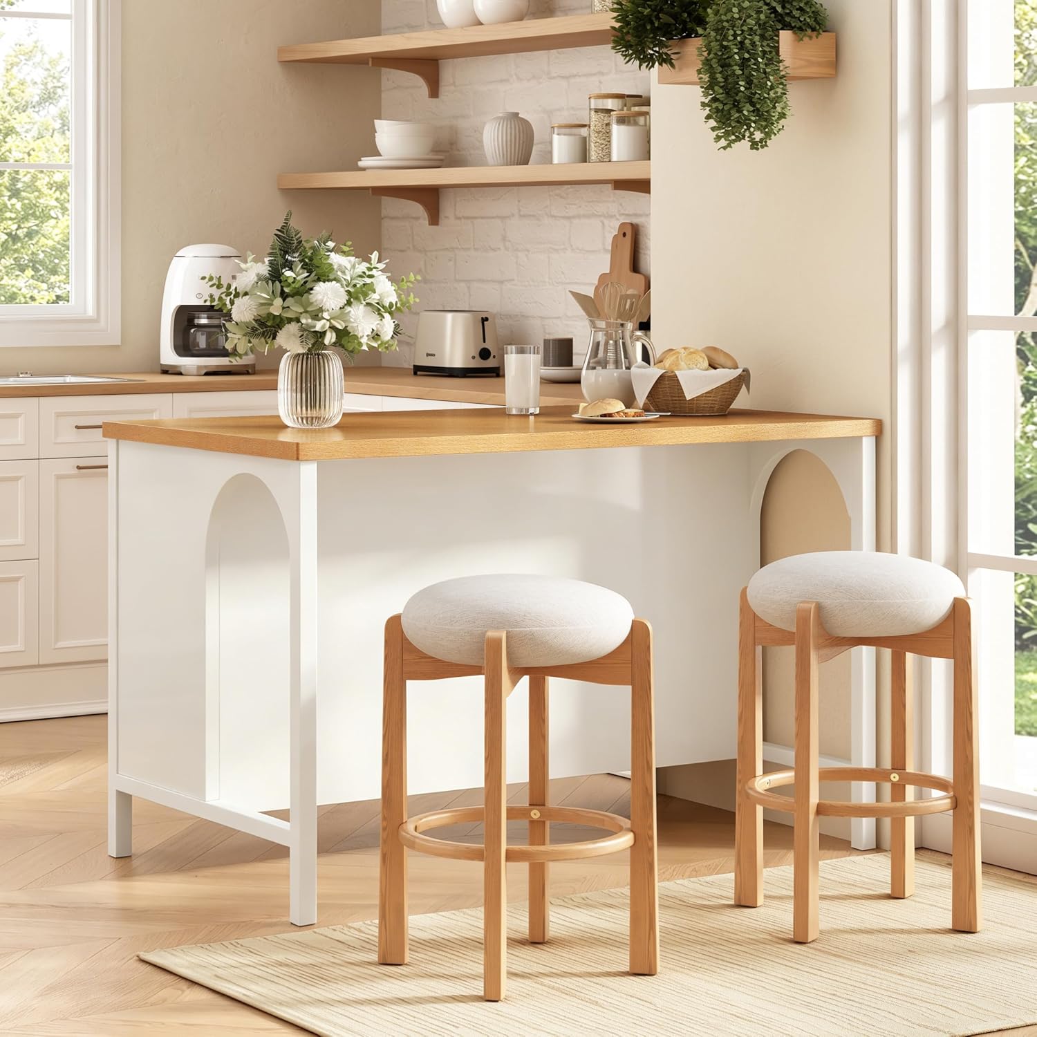 Christopher Knight Home Elle 56" Kitchen Island with Open Storage, Farmhouse Rubberwood Kitchen Island Table with Arch Detail, Storage Cabinet with 3 Open Shelves, Kitchen Prep Table, White+Natural