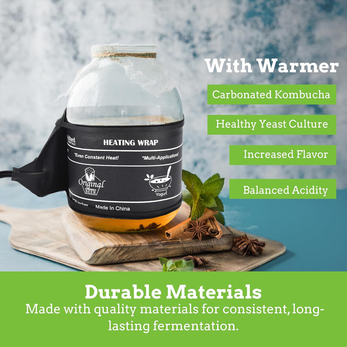 Nourished Essentials | Kombucha Heating Wrap Black - 3''x20'' - Precise Temperature Control for Kombucha Brewing Kit and Fermentation Heater Pad - Homebrew, Germination Supplies and Sourdough Starter