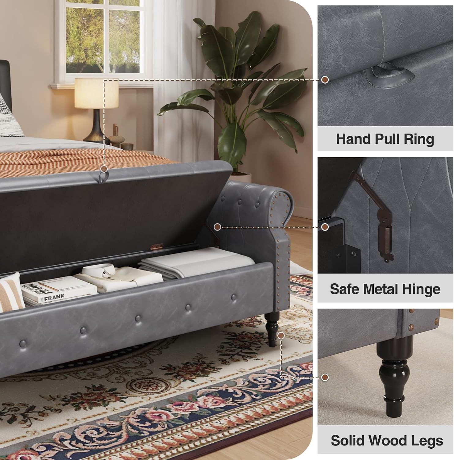 FiveWillowise 65" End of Bed Storage Bedroom Bench with Storage,Faux Leather Storage Ottoman Bench with Rolled Arms and Nailhead Trim for King Size End of Bed,Entryway,Living Room,Grey