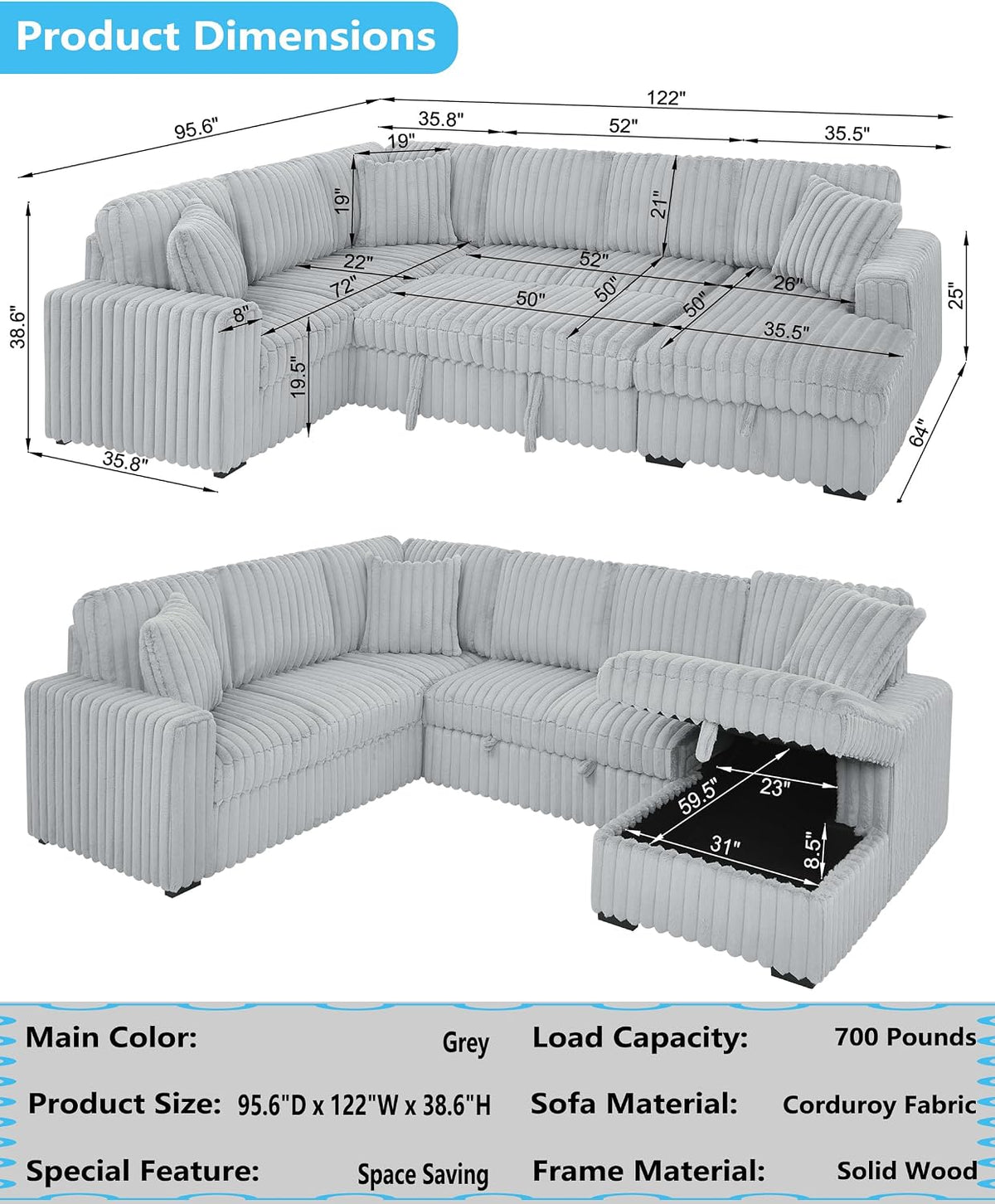 122" Oversized Sectional Sleeper Sofa with PullOut Bed - Gifts for Men Women,U Shape Sectional Couch with Storage Chaise Lounge for Apartment,6 Seat Corduroy Sofa with USB Port-Gray