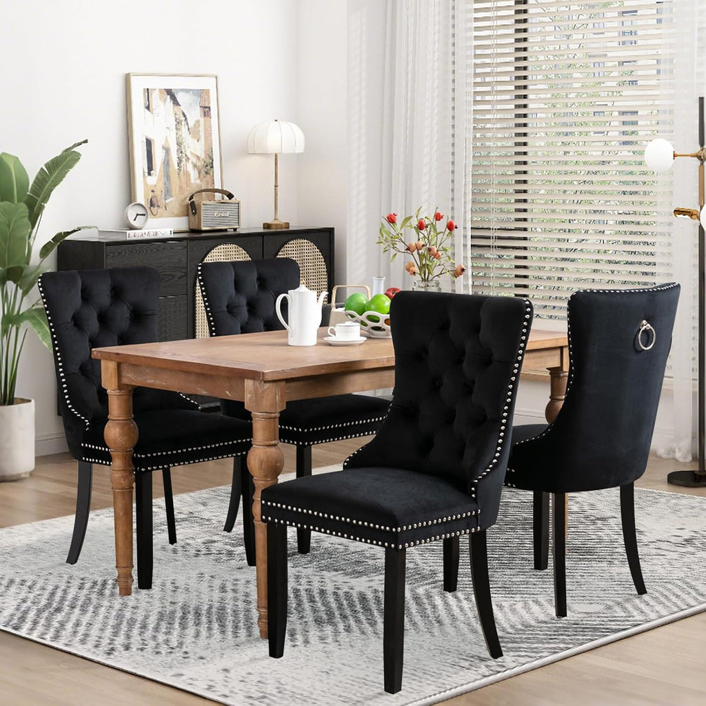 Velvet Upholstered Dining Chairs Set of 4, Modern Mid-Century Kitchen Chairs with High Back, Nailhead Trim and Solid Wood Legs,Metal Pulling Ring for Dining Room Living Room,Black