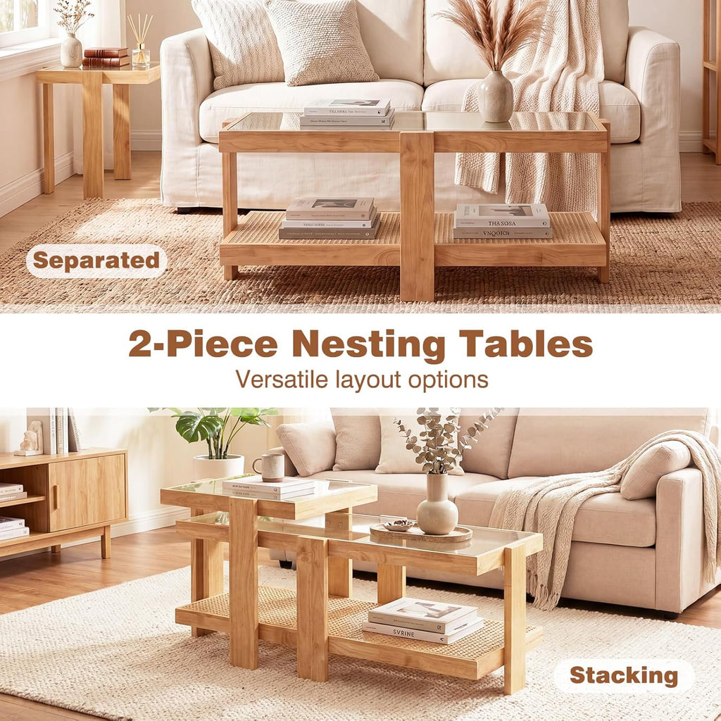 Giantex Nesting Coffee Table Set of 2, Boho Rattan Accent Table with Tempered Glass Top & Solid Rubber Wood Frame, Modern Rectangular Center Table for Living Room, Natural