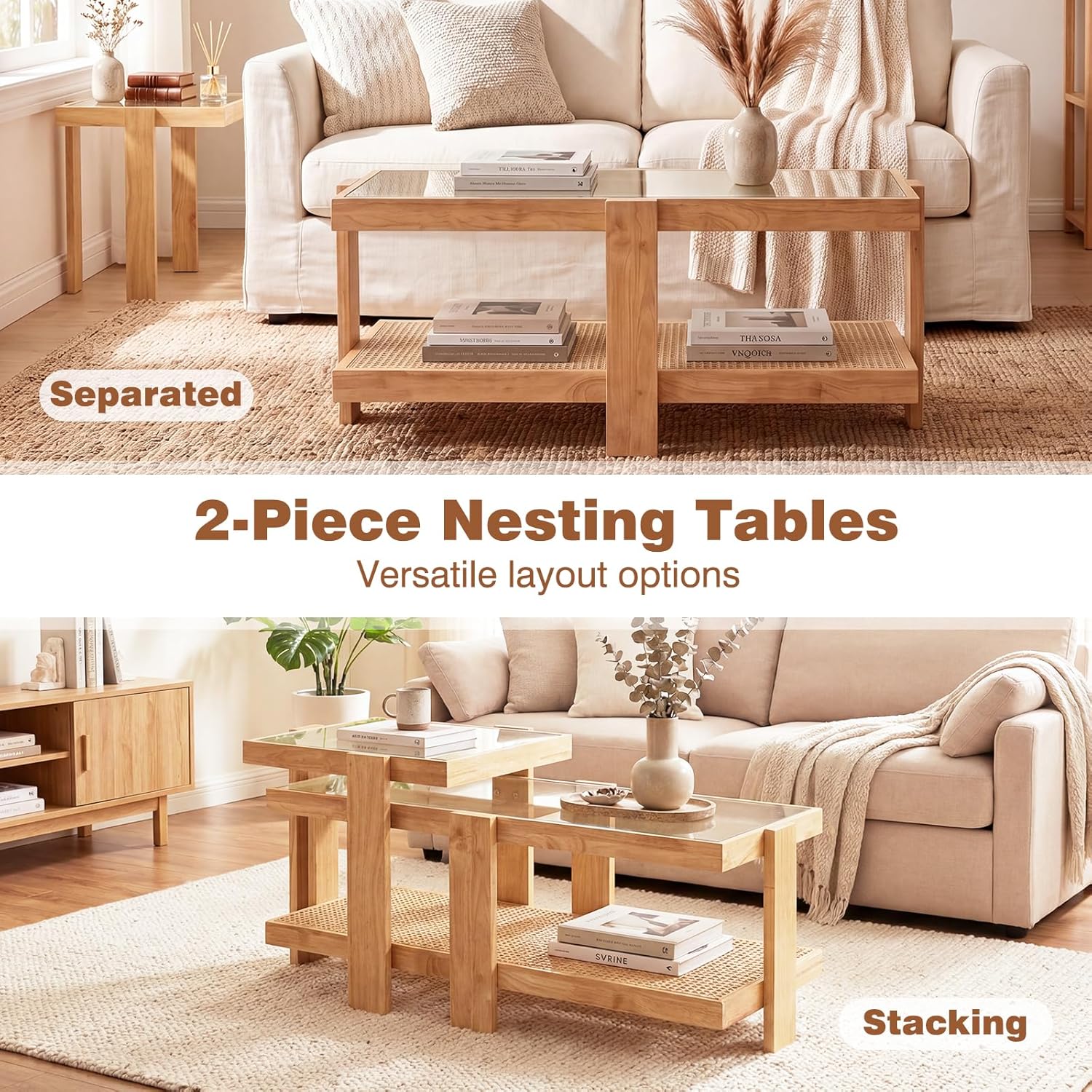 Giantex Nesting Coffee Table Set of 2, Boho Rattan Accent Table with Tempered Glass Top & Solid Rubber Wood Frame, Modern Rectangular Center Table for Living Room, Natural