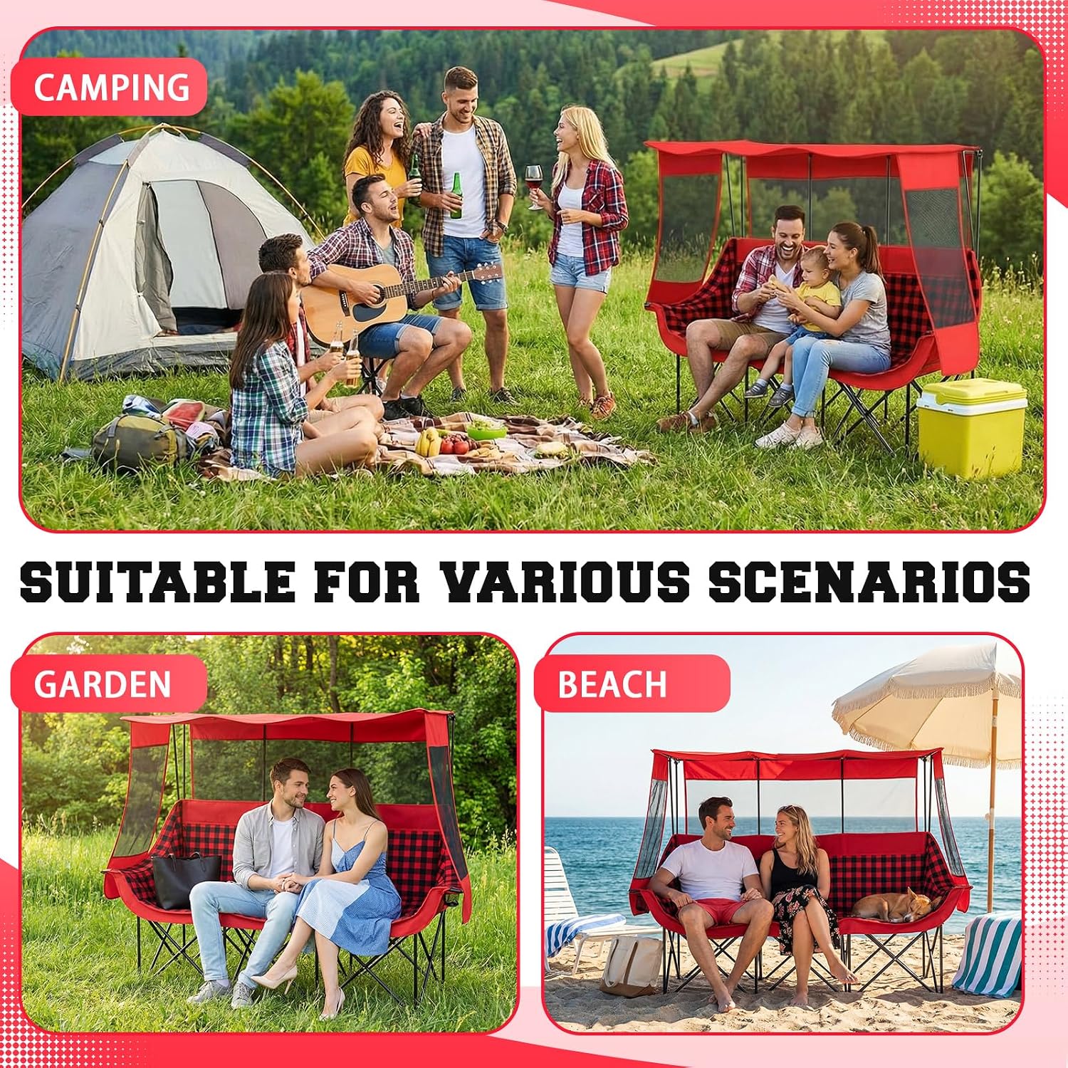 Teenyyou 3 Person Camping Chair with Canopy – Ultimate UV Sun Protection, 700lbs Heavy Duty Oversized Beach Chair, Foldable Portable Sofa with Cup Holder & Storage for Beach Lawn Outdoor(Red Black)