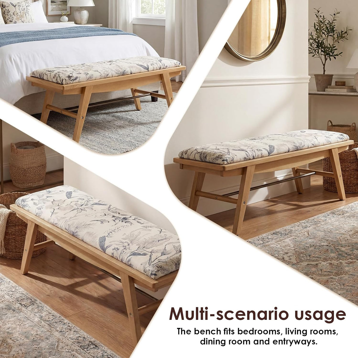 chairus Modern Shoe Bench Linen Fabric Upholstered Padded Seat Wooden Entryway Bench for Living Room End of Bed Hallway(Floral, 43.5" W)