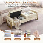 67" Storage Bench for Bedroom End of Bed King Size, Light Cream | Double Lids, Upholstered Faux Leather Storage Bench with Golden Legs for Foot of Bed Window Living Room Entryway