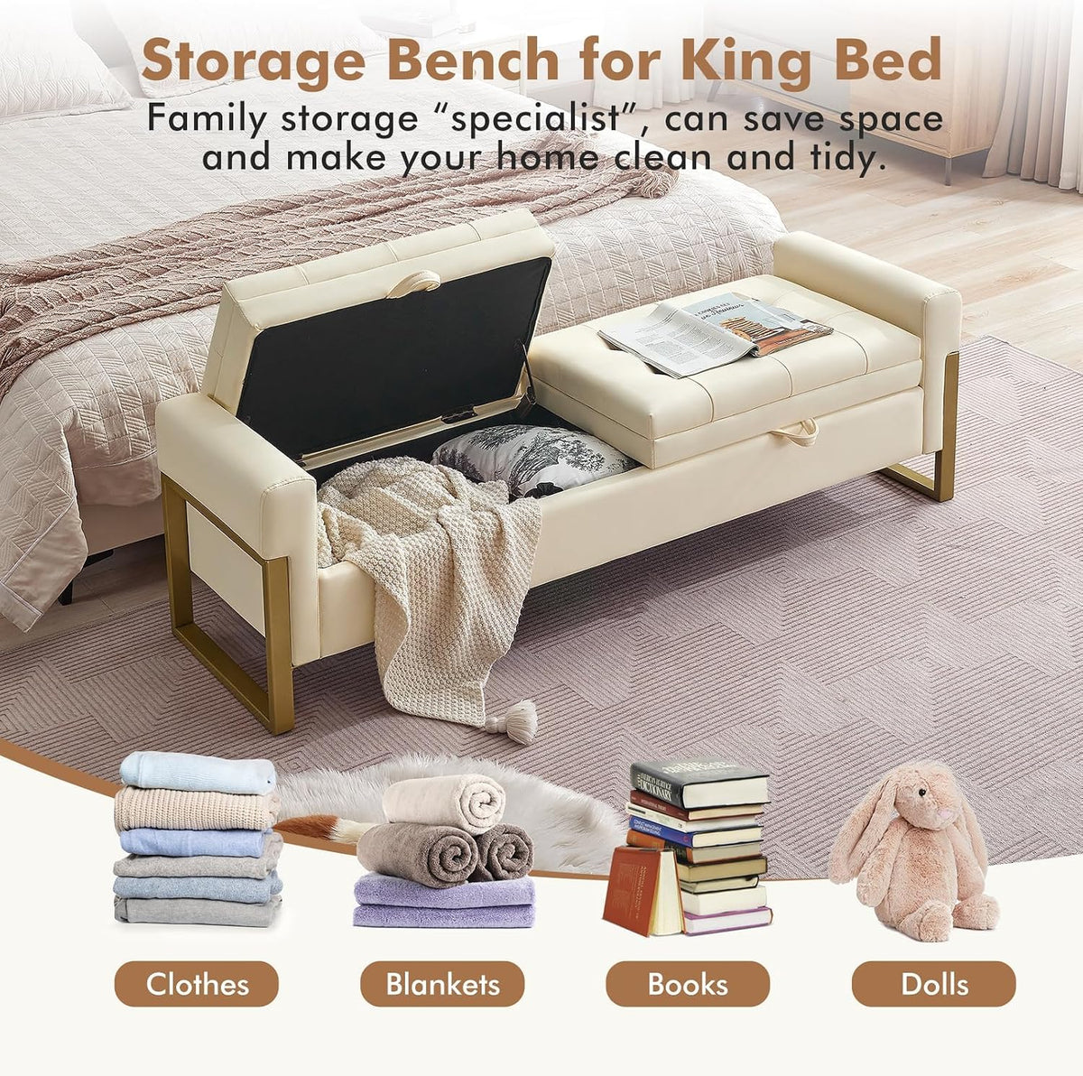 67" Storage Bench for Bedroom End of Bed King Size, Light Cream | Double Lids, Upholstered Faux Leather Storage Bench with Golden Legs for Foot of Bed Window Living Room Entryway