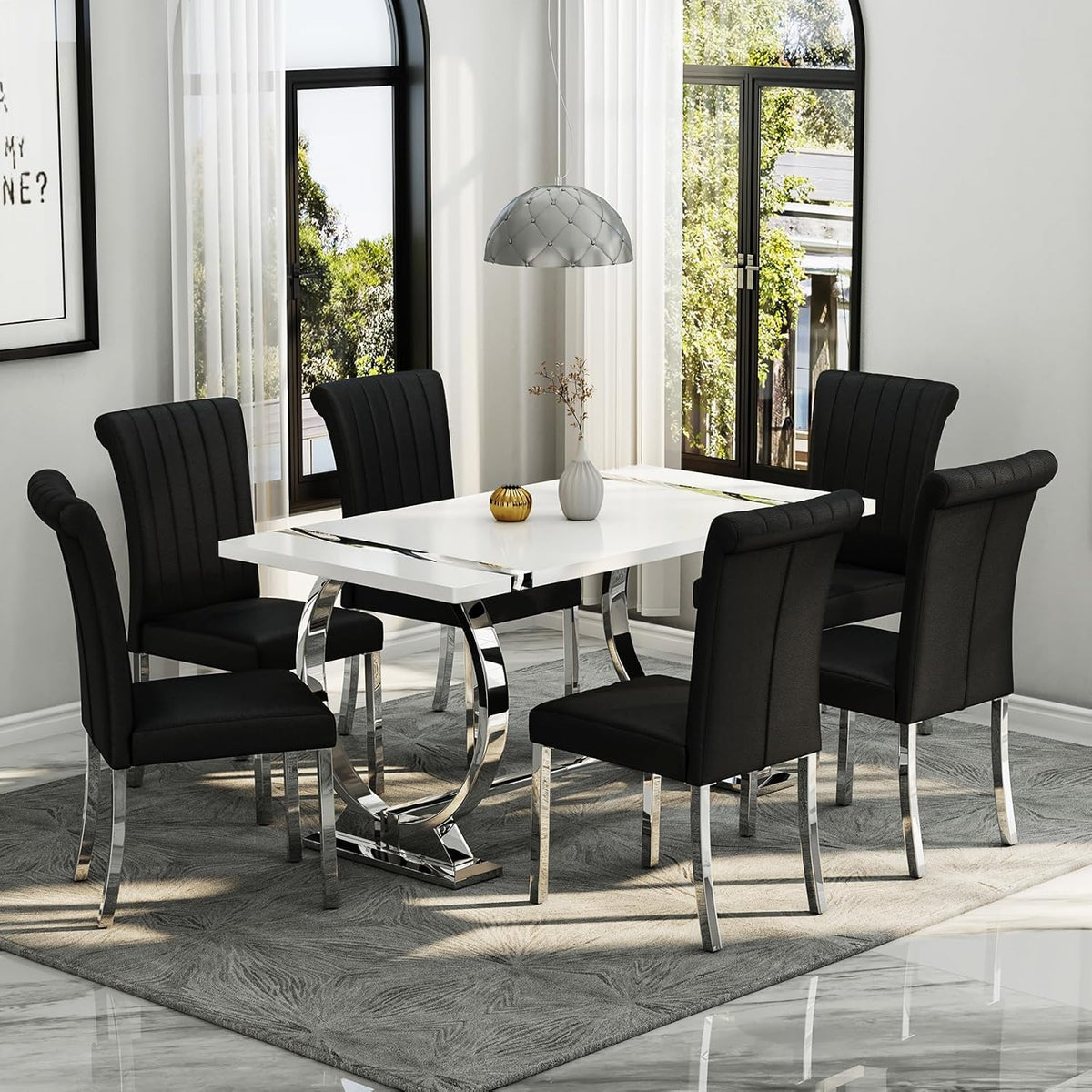 Asday Black and Silver Dining Chairs Set of 2, Modern Faux Leather Upholstered Dining Room Chairs with High Back and Metal Chrome Legs for Kitchen, Living Room, Restaurant, Apartment