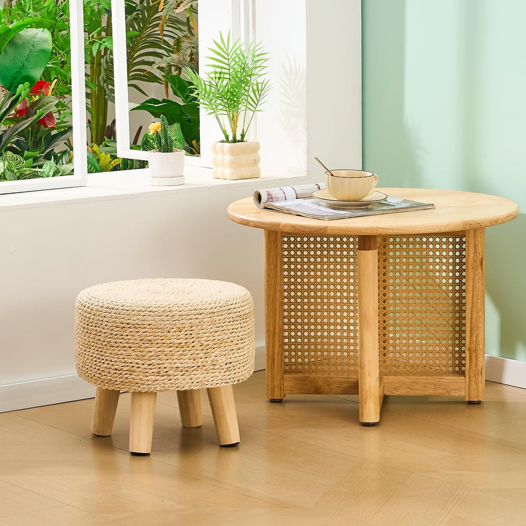 Wimarsbon Round Foot Stool Natural Seagrass Poufs Ottoman Hand Weave Footrest Stool for Couch Desk Extra Seat Step Stool with Solid Wood Legs for Hallway Patio Lounge Natural