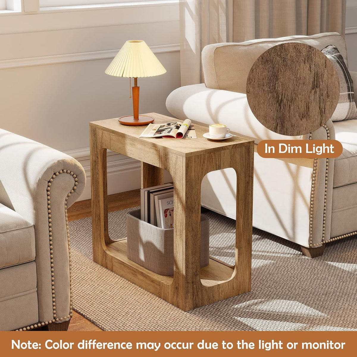 GOFLAME Narrow End Table, Farmhouse Wood Sofa Side Table 2-Tier with Storage Shelf, Arched Rustic Small Accent Tables, Rectangular Compact Night Stand for Living Room, Bedroom, Oak