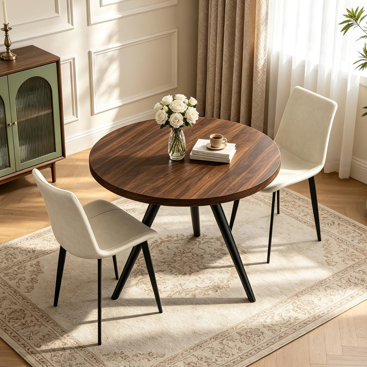 34.6" Round Dining Table Set for 2, Walnut Small Dining Room Set | Space-saving MDF Tabletop, 2 Beige PU Leather Chairs, Great for Modern Kitchen, Coffee, Restaurant, Office, Sturdy & Seamless