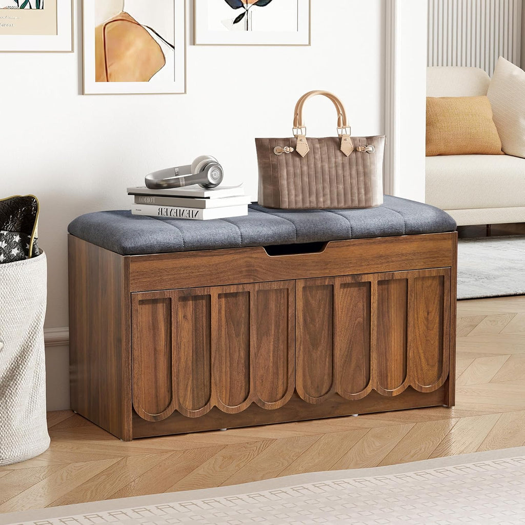 ORRD Shoe Storage Bench with Cushion, Entryway Shoe Cabinet Bench with 2 Scalloped Doors & Adjustable Shelf, 2-Tier Shoe Rack Organizer Cabine for Entryway, Hallway, Living Room (Walnut)