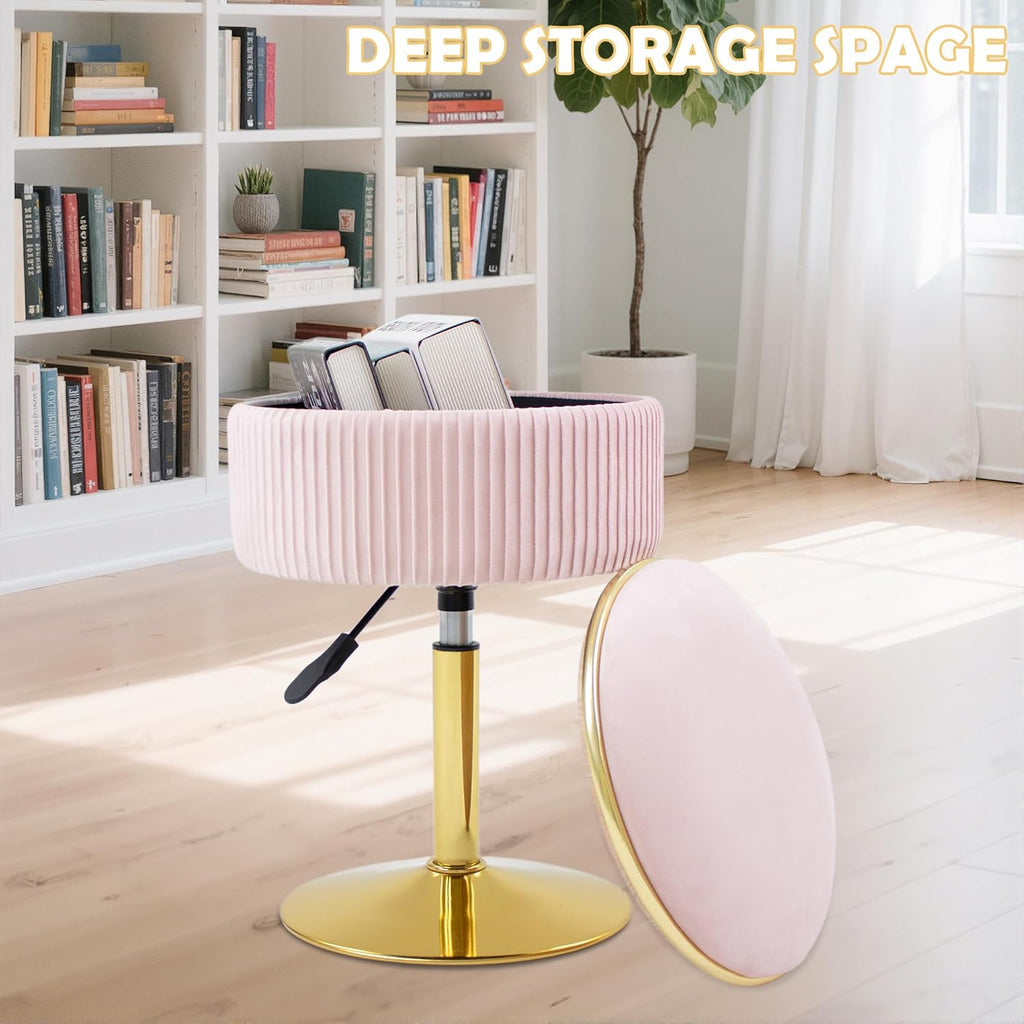 Adjustable Vanity Stool with Storage, 360° Swivel Makeup Stool Chair Small Velvet Round Ottoman with Gold Base for Bedroom, Pink