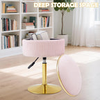 Adjustable Vanity Stool with Storage, 360° Swivel Makeup Stool Chair Small Velvet Round Ottoman with Gold Base for Bedroom, Pink