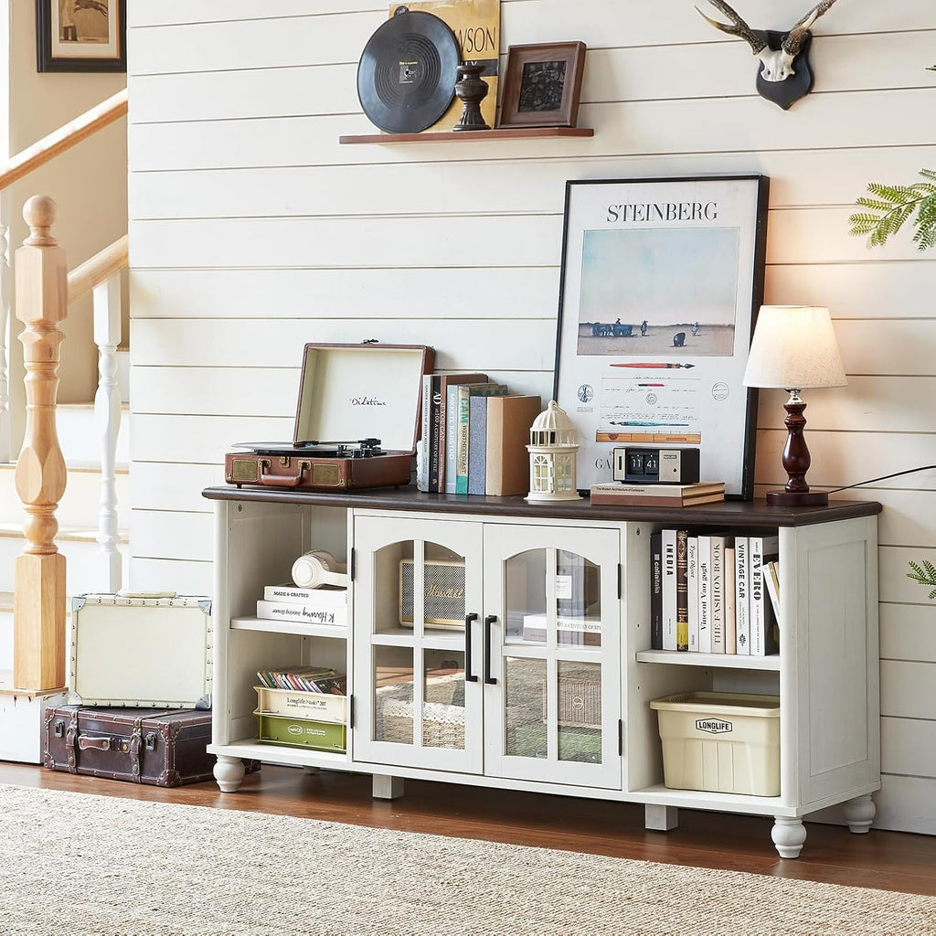 RWYHG Farmhouse TV Stand for 60 in TV, Entertainment Center for Living Room | Adjustable Shelves, Magnetic Glass Door, Sturdy Gourd Base, Wood Grain Top, High Capacity Storage Cabinet, White
