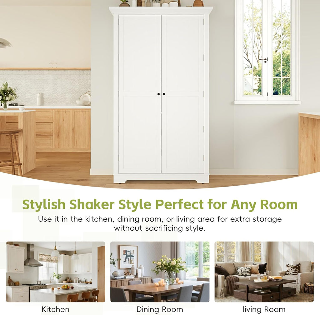 Shaker Style Kitchen Pantry with Drawers, Freestanding Storage Cupboard with Door Shelves, Adjustable Shelves and Pull-Out Trays,for Dining Room (White-B)