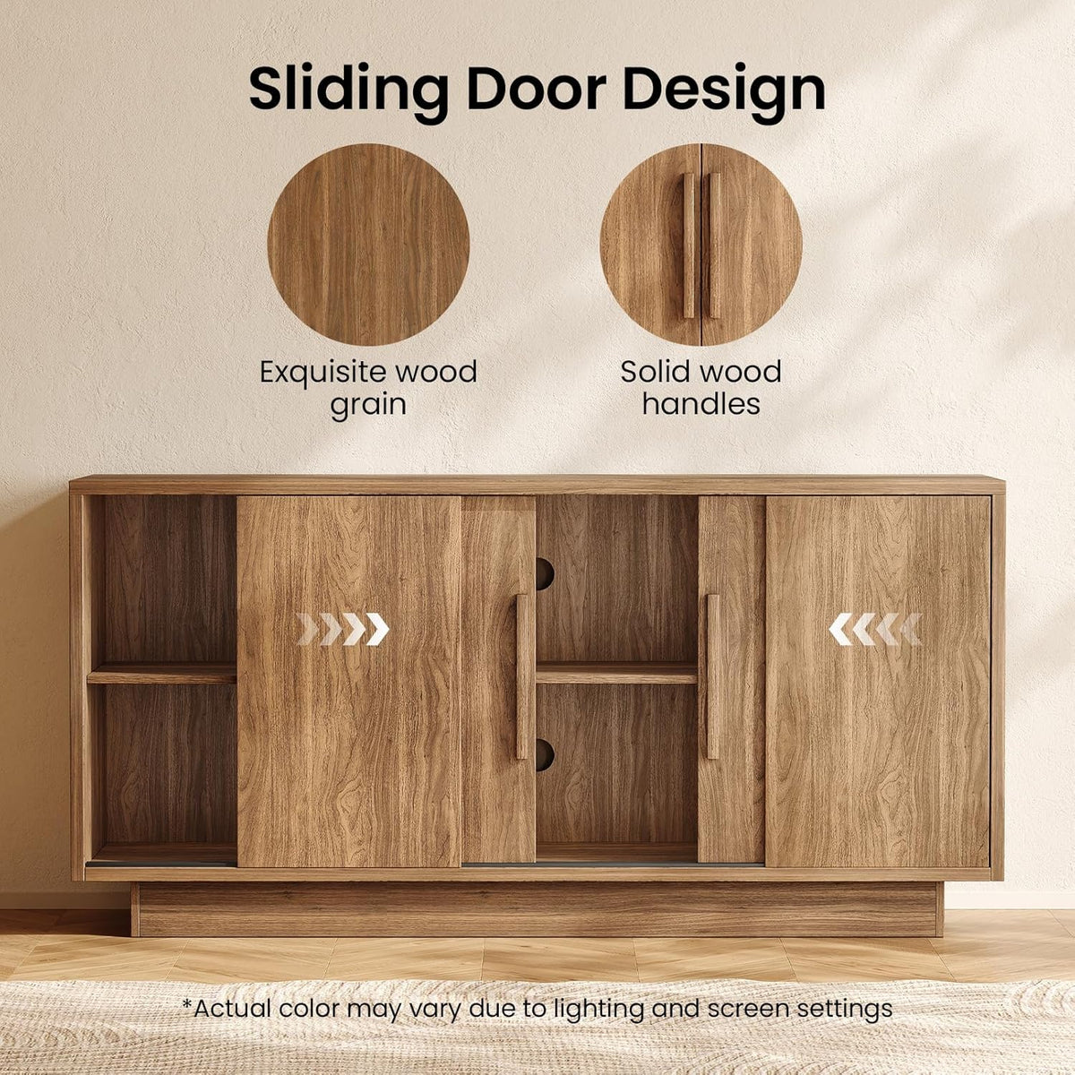 ModernMate 63'' Sideboard Buffet Cabinet with 4 Sliding Doors, Wood Credenza Storage Cabinet with Pedestal Base, Large Side Board with Adjustable Shelf for Living Room, Kitchen, Hallway, Walnut