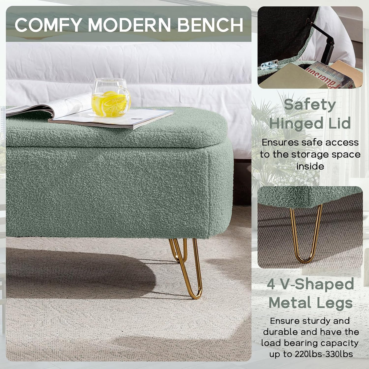 NIOIIKIT Storage Ottoman Bench, Comfy Faux Fur Upholstered Entryway Bench with Metal Legs, Bedroom Bench with Flip Top, Footrest Shoe Bench for Living Room, Bedroom (Olive Green)