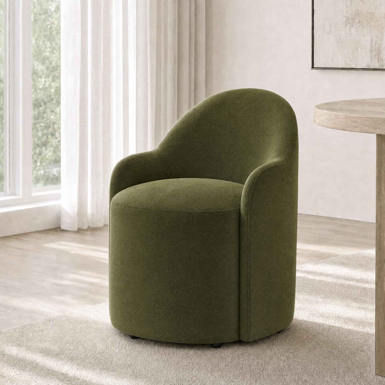 KISLOT Upholstered Dining Chairs Set of 4 with Caster, Pre-Assembled, Green | Modern Dining Room Chairs with Wheels, Rolling Vanity Chair with Round Backrest for Kitchen, Bedroom, Dressing, Linen Fabric