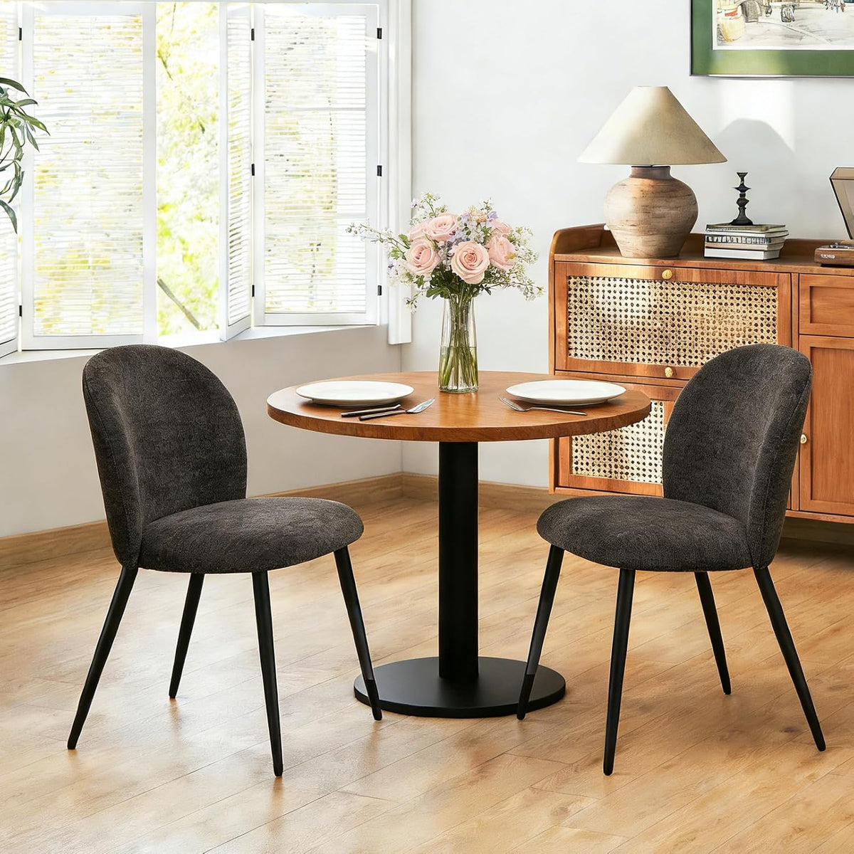 Dining Chairs Set of 2, Upholstered Chenille Dining Room Chairs with Black Metal Legs, Modern Armless Kitchen Chairs with Curved Backrest for Dining Room Kitchen Living Room, Black