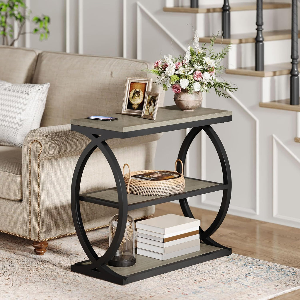 Tribesigns End Table, Narrow 3-Tier End Table for Living Room, Industrial Wooden Side Table with Metal Frame, Small Bedside Nightstand for Bedroom, Small Spaces, Grey