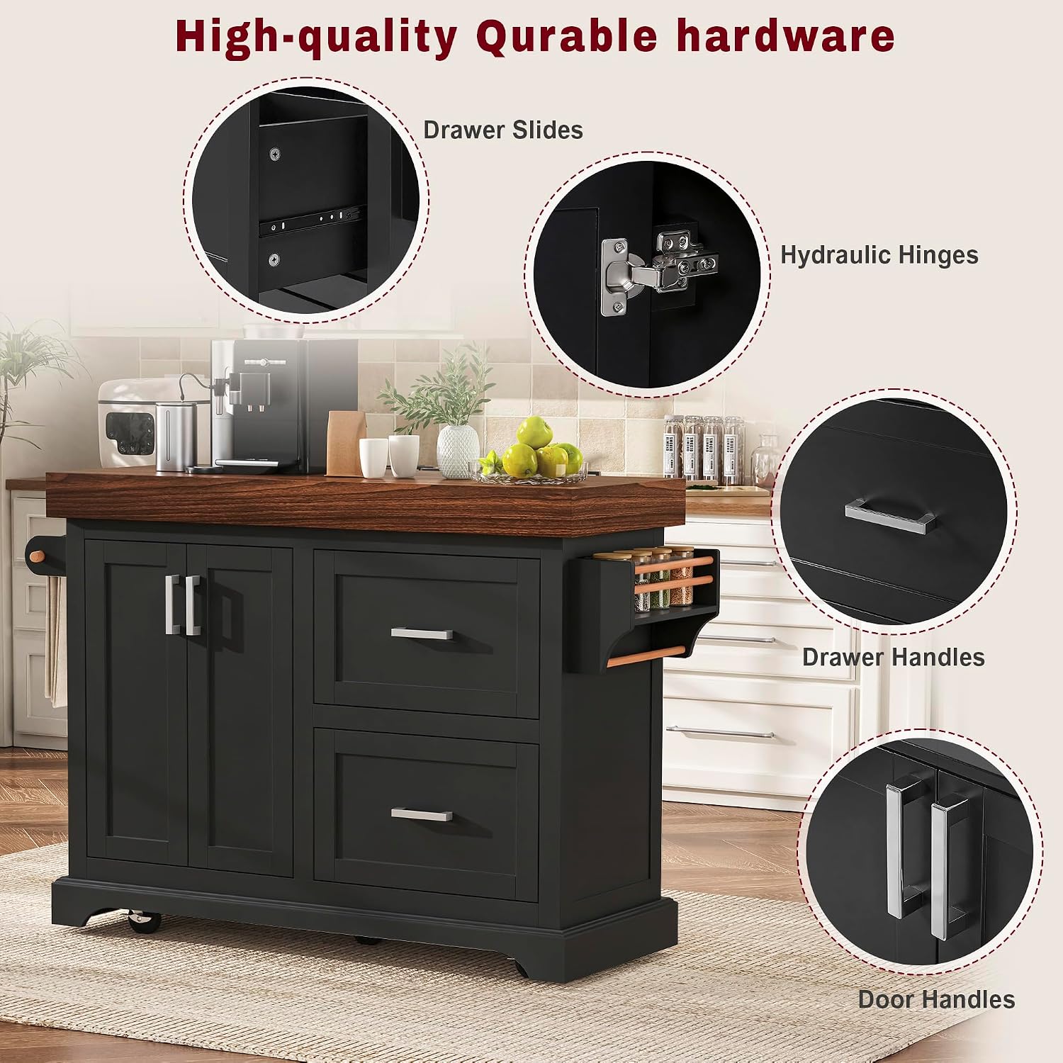 53" Large Kitchen Island with 3.5" Thick Desktop, Spice and Towel Racks, Rolling Kitchen Island with Storage on 5 Wheels, 2 Extra-Large Drawers, for Home, Kitchen, Dining Room, Black