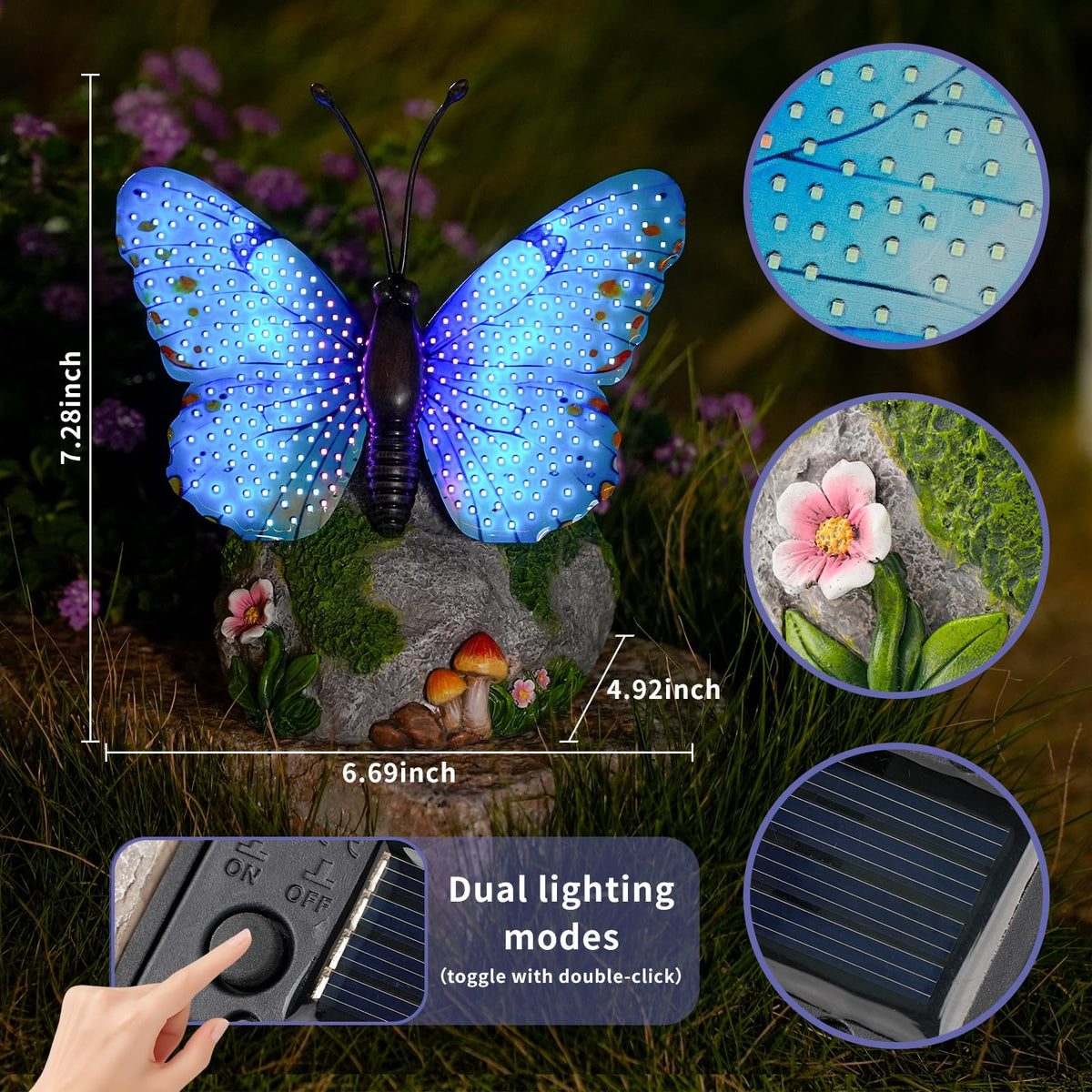WSgift Solar Butterfly Garden Statue Weatherproof Outdoor Hand-Painted Decor Butterfly Resin Figurine Blue