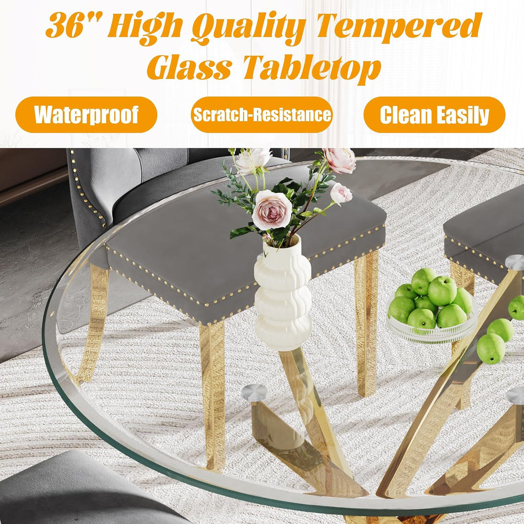 Glass Dining Table Set for 4, 5-Piece Round Tempered Glass Kitchen Table Set with 4 Velvet Upholstered Dining Chairs for Living Room, Kitchen, Small Apartment (Gold,Gray)