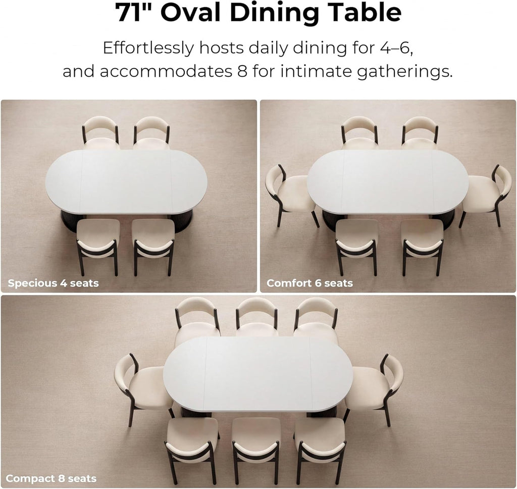 IRONCK 71" Oval Dining Table for 4-8, Modern Farmhouse Dining Table with Hidden Storage & Fluted Base, 1.6" Thick Faux Quartz Top, Dinner Table for Dining Room Kitchen Home Office, Black