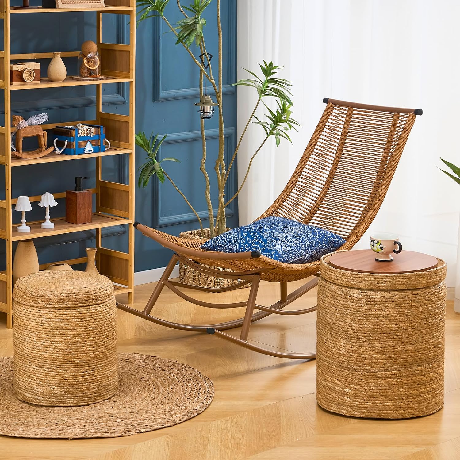 Round Storage Pouf Ottoman Hand Weaving Natural Boho Straw Footstool Pouffe | Breathable material, Hand‑woven from natural straw, Artisanal hand‑crafted texture, Bohemian home decor accent