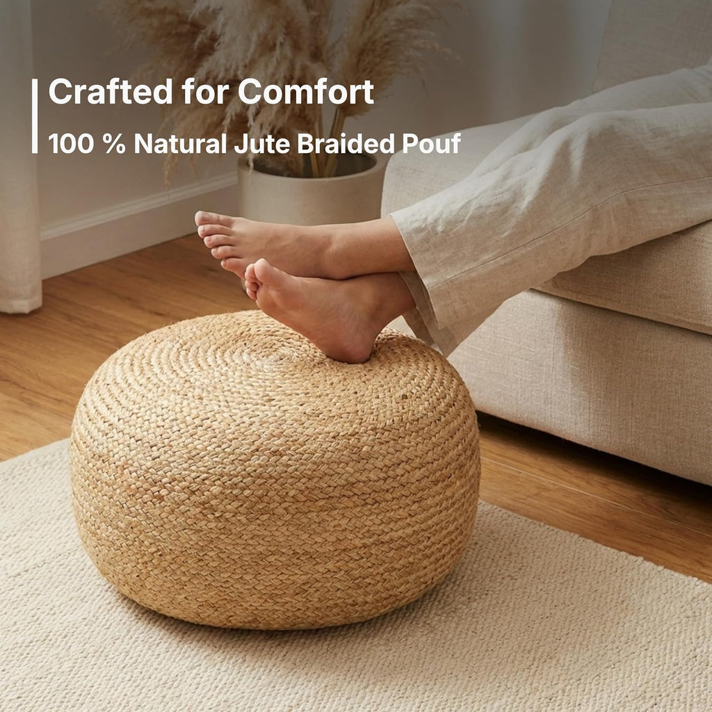 · REDEARTH · Jute Circular Low Pouf Ottoman - Boho Foot Stool - Natural | Jute, 18"x18"x10"; Braided Jute Pouf, Accent Sitting Doubles as Foot Rest; Great for Living Room, Patio, Outdoor, Bedroom