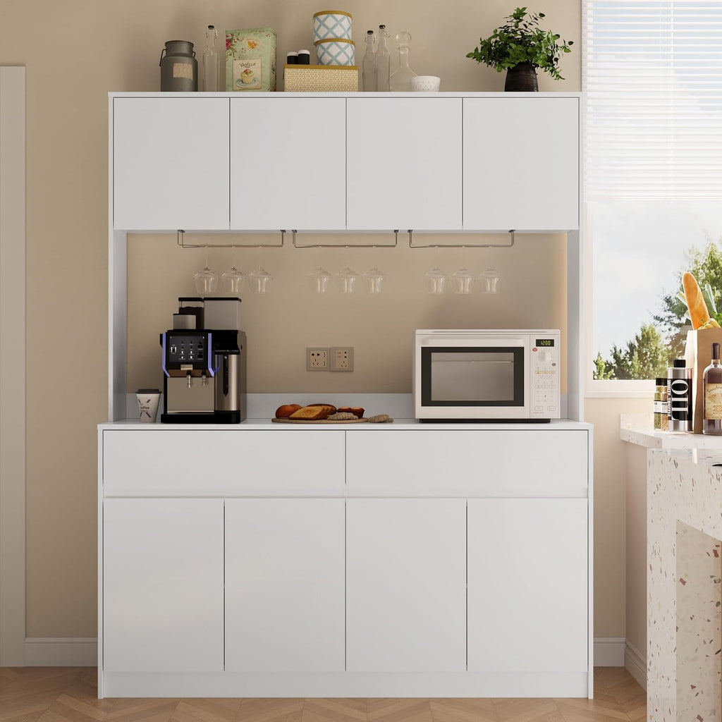 Mekminop Kitchen Hutch Storage Cabinet, 63" W Large Pantry Cabinets with Microwave Oven Countertop, Freestanding Kitchen Pantry Storage Cabinet with 4 Doors, 2 Drawers and 7 Shelves, White