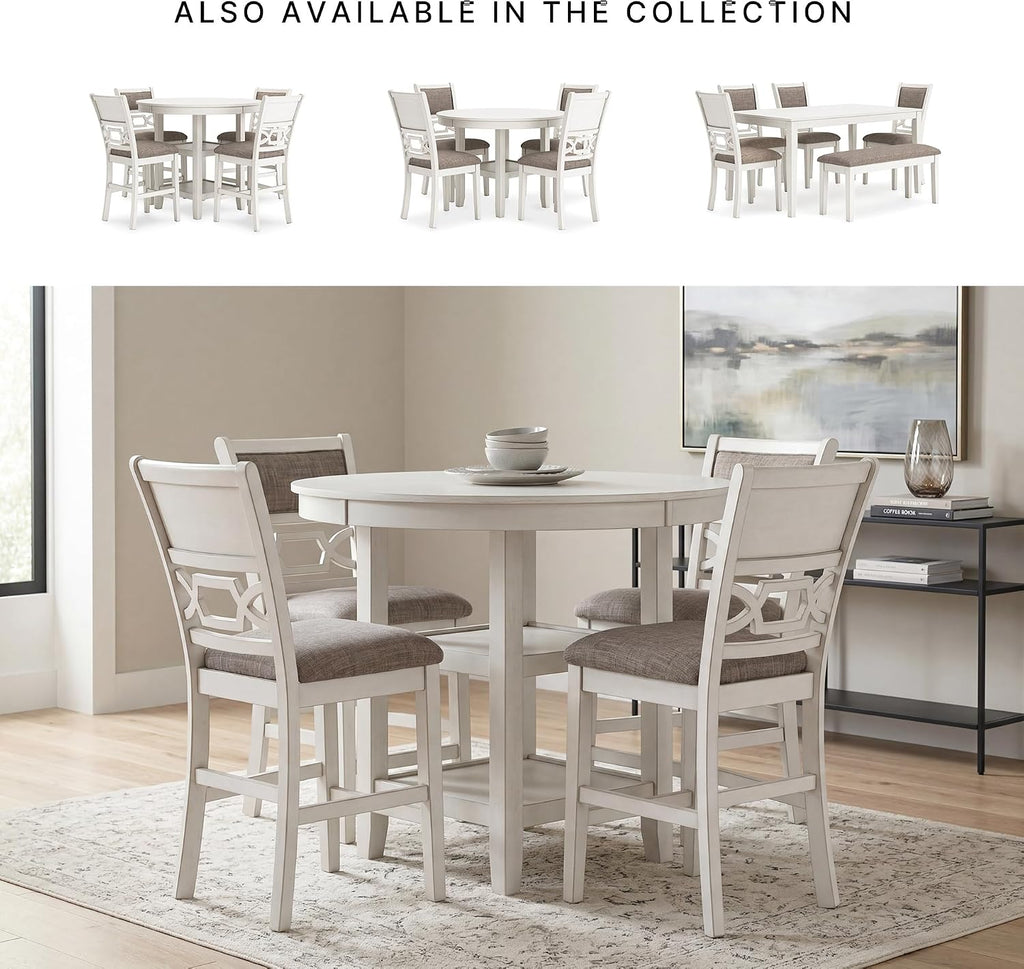 Signature Design by Ashley Round Dining Table Set for 4, Counter Height | 42-inch round table with built-in storage shelves, 4 foam-cushioned light gray barstools, Antique white finish, Erinberg