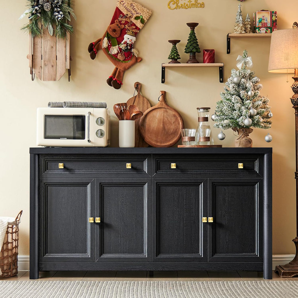 Standifurno Credenza Storage Cabinet with 4 Doors and 2 Drawers, 59" Large Sideboard Buffet Cabinet, 32.1'' Tall Wood Buffet Table Coffee Bar Console Cabinets for Living Dining Room, Black