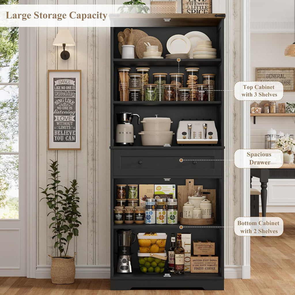 HOSTACK 71" Tall Pantry Cabinet, Farmhouse Kitchen Pantry with Storage Shelves, Barn Doors Food Storage Cabinet, Freestanding Kitchen Hutch with Large Drawer for Dining Room, Living Room, Black