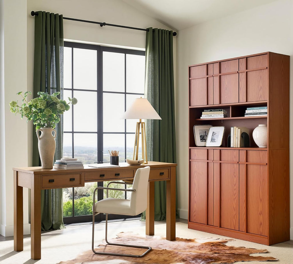 72" Pantry Cabinet, Tall Kitchen Pantry Storage Cabinet with Countertop, Adjustable Shelves, Mid Century Modern Wooden Kitchen Hutch with Skeleton Lines for Living Room, Dining Room, Cherry