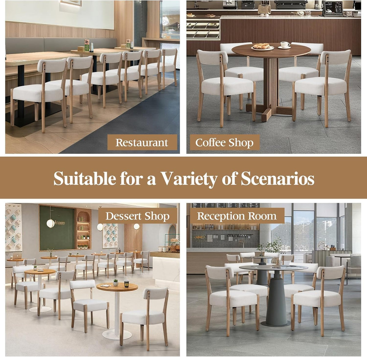 ZJhome Dining Chairs Set of 4, Mid-Century Modern Wooden Kitchen Chairs with Linen Upholstery - Low-Back Woven Design for Kitchen & Dining Room, Beige Fabric