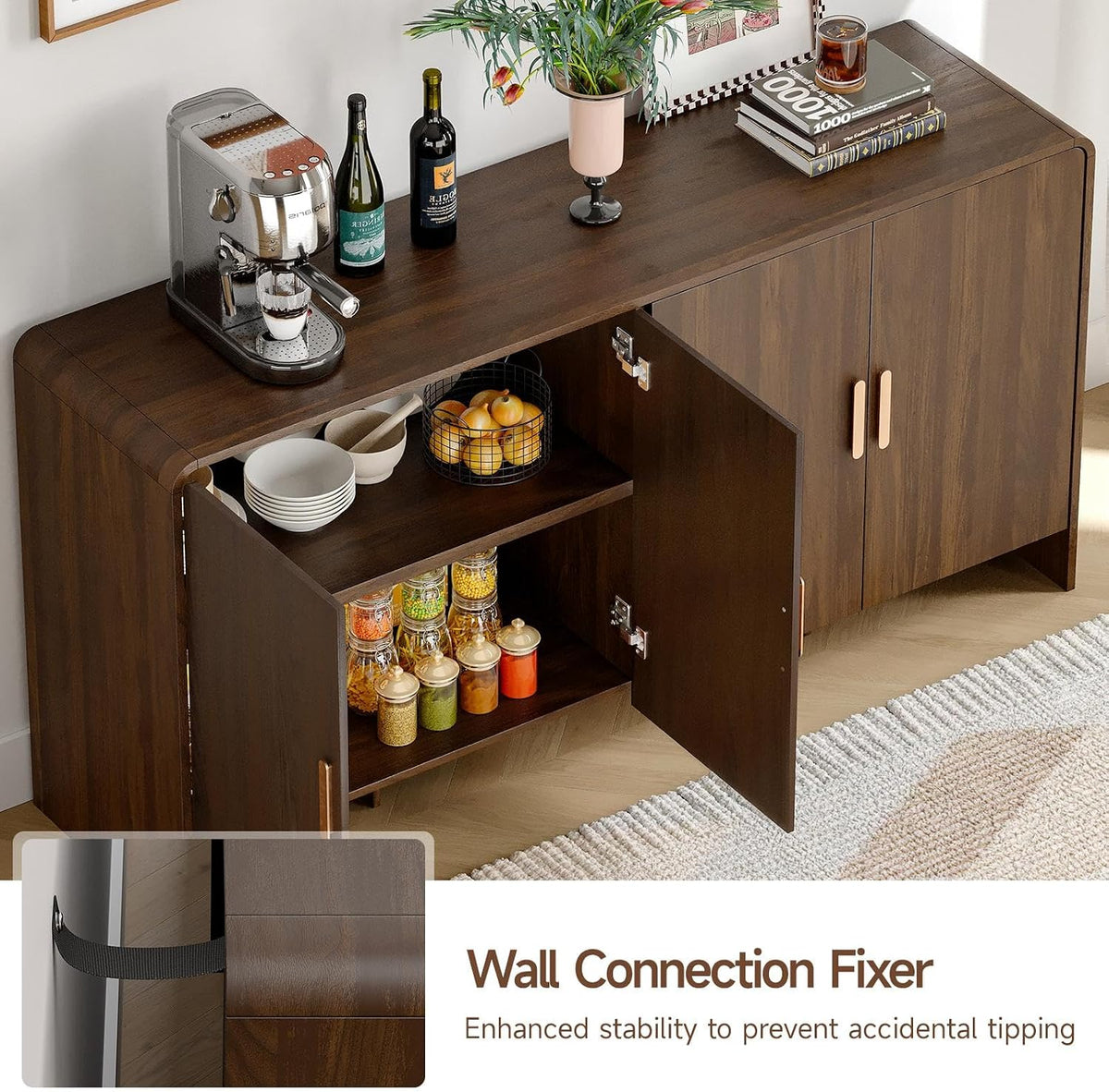 ONBRILL 60" Sideboard Buffet Cabinet with Storage, Curved Design Farmhouse Modern Coffee Bar Cabinet with 4 Doors & Adjustable Shelves for Living Room, Kitchen, Hallway, Walnut