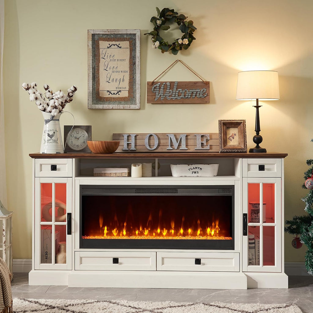 OKD 70" Farmhouse Fireplace TV Stand for 80 Inch TV, Antique White | 42" Crystal Fireplace, LED Lights, Storage Drawers, Glass Cabinets, Adjustable Shelves, Modern Highboy, for Living Room