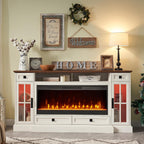 OKD 70" Farmhouse Fireplace TV Stand for 80 Inch TV, Antique White | 42" Crystal Fireplace, LED Lights, Storage Drawers, Glass Cabinets, Adjustable Shelves, Modern Highboy, for Living Room