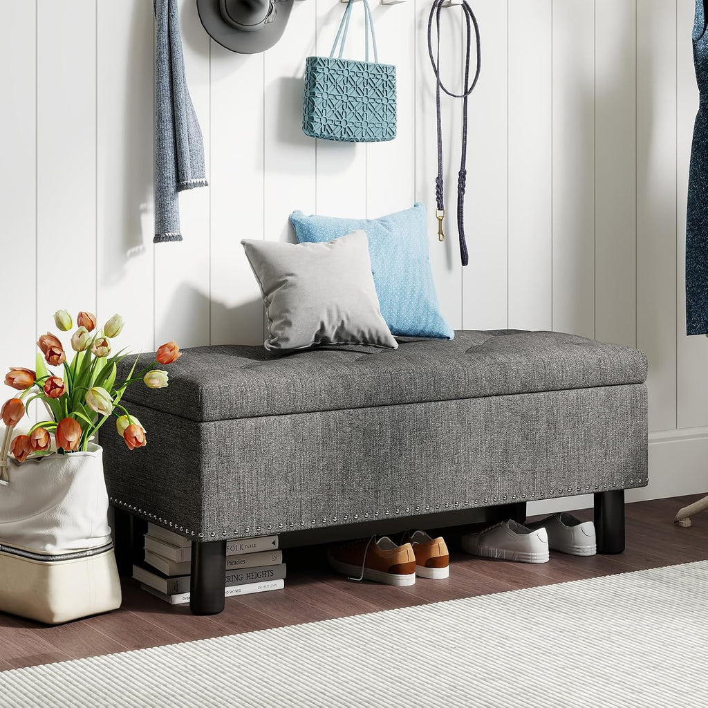 Furniliving 42" Ottoman with Storage, End of Bed Bench with Button-Tufted Large Upholstered Ottoman Entryway Bench Storage Bench for Bedroom, Living Room, Linen, Grey
