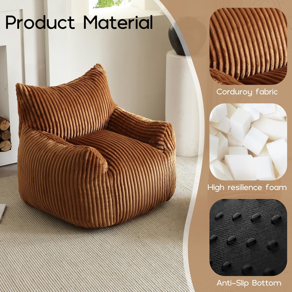 Giant Brown Bean Bag Chairs for Adults & Teens, Soft Corduroy Beanbag | 30 lbs Filler Foam| Armrests & Back Support| Vacuum-Compressed Lounge Chair| For Reading, Gaming, Bedroom, Living Room, Dorm