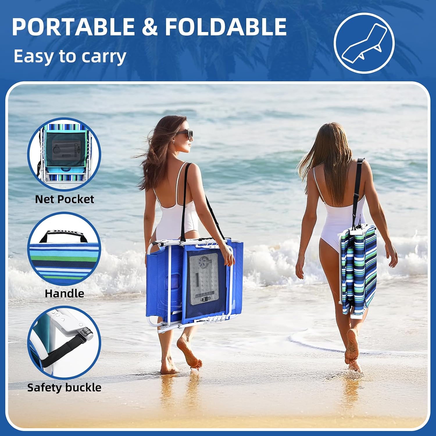 3-in-1 Beach Chair Face Holes, Lounge Chair Outdoor with Folding Side Table, 5-Position Recliner, Lay Flat, Removable Pillow, Heavy Duty, Max 330lbs, Poolside, Patio, Camping, Backyard Striped Blue