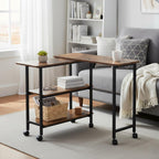 FurnitureR 360° Rotating Sofa Side Table with Storage Shelves, Mobile L-Shaped Desk with Lockable Wheels, Adjustable Swivel End Table for Couch or Bed, Space-Saving Storage Cart, Brown