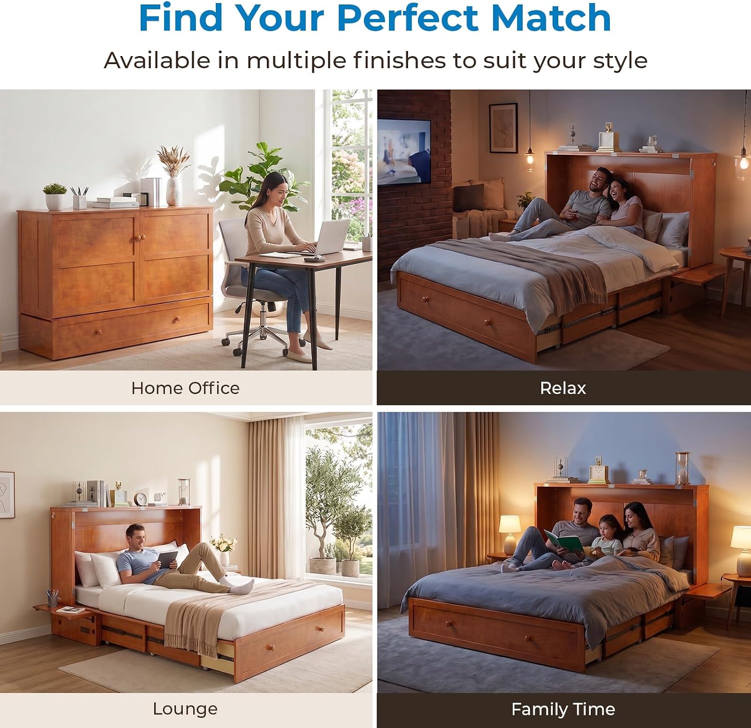 Mjkone Murphy Bed Queen with Mattress Included, Cabinet Murphy Bed with USB Charging Station & Storage Drawer, Mobile Cube Murphy Cabinet Chest Bed for Living Room Bedroom Apartment, Cherry