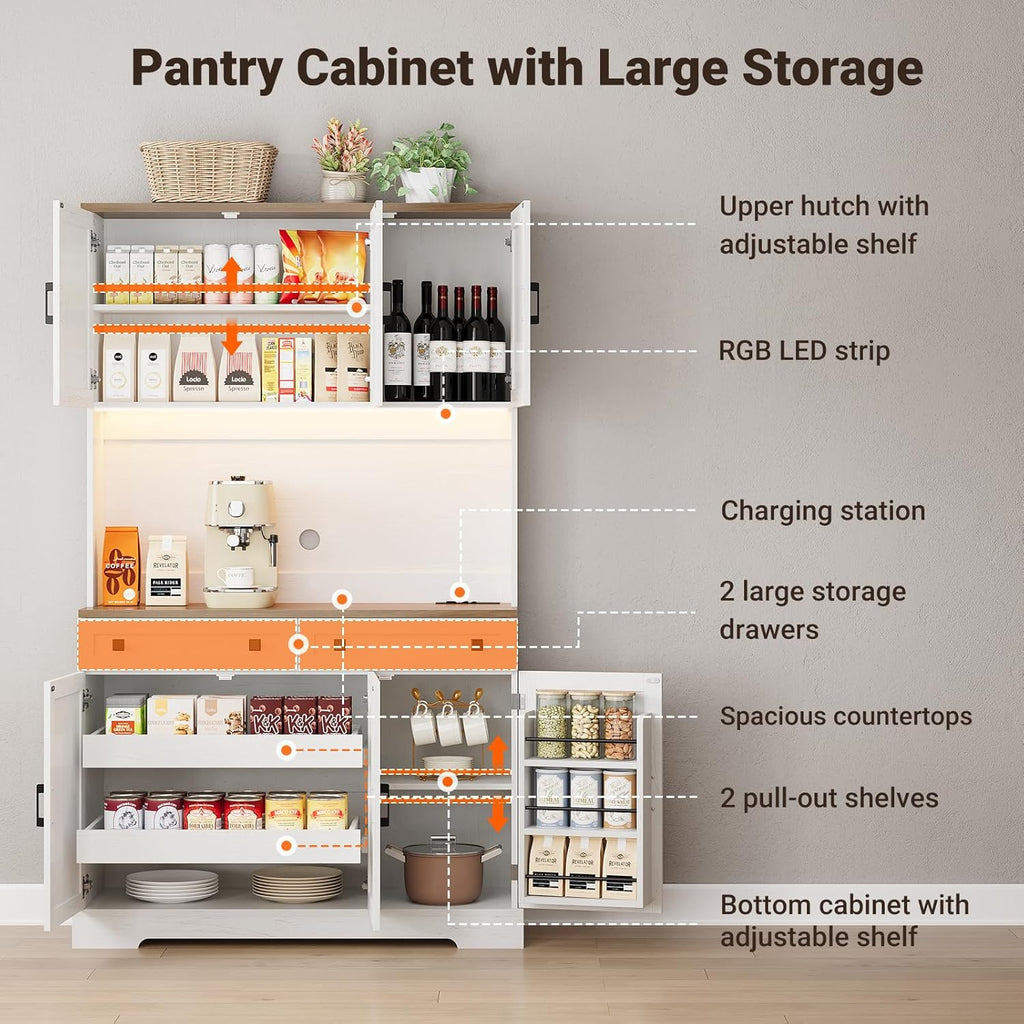 ELYKEN 71" Kitchen Pantry Cabinet with Charging Station & LED Lights, Tall Kitchen Storage Cabinet with Hutch, Farmhouse Pantry with Door Shelf & Pull Out Shelf for Dining Room Kitchen, White