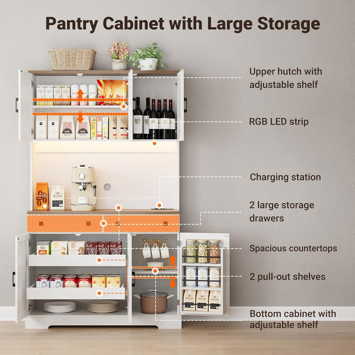 ELYKEN 71" Kitchen Pantry Cabinet with Charging Station & LED Lights, Tall Kitchen Storage Cabinet with Hutch, Farmhouse Pantry with Door Shelf & Pull Out Shelf for Dining Room Kitchen, White