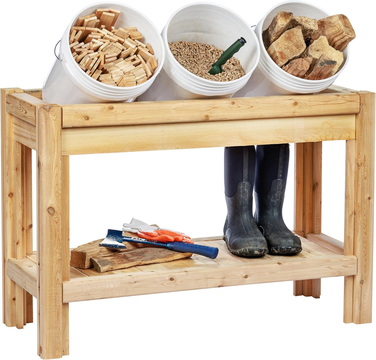 Greenes Fence Three Bucket Cedar Storage with Shelf, 44 in. x 16 in. x 30 in. - Made in USA with North American Cedar
